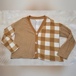 Grandmillennial Cottagecore Gingham & Stripe Mixed Pattern Knit Top Cozy Large